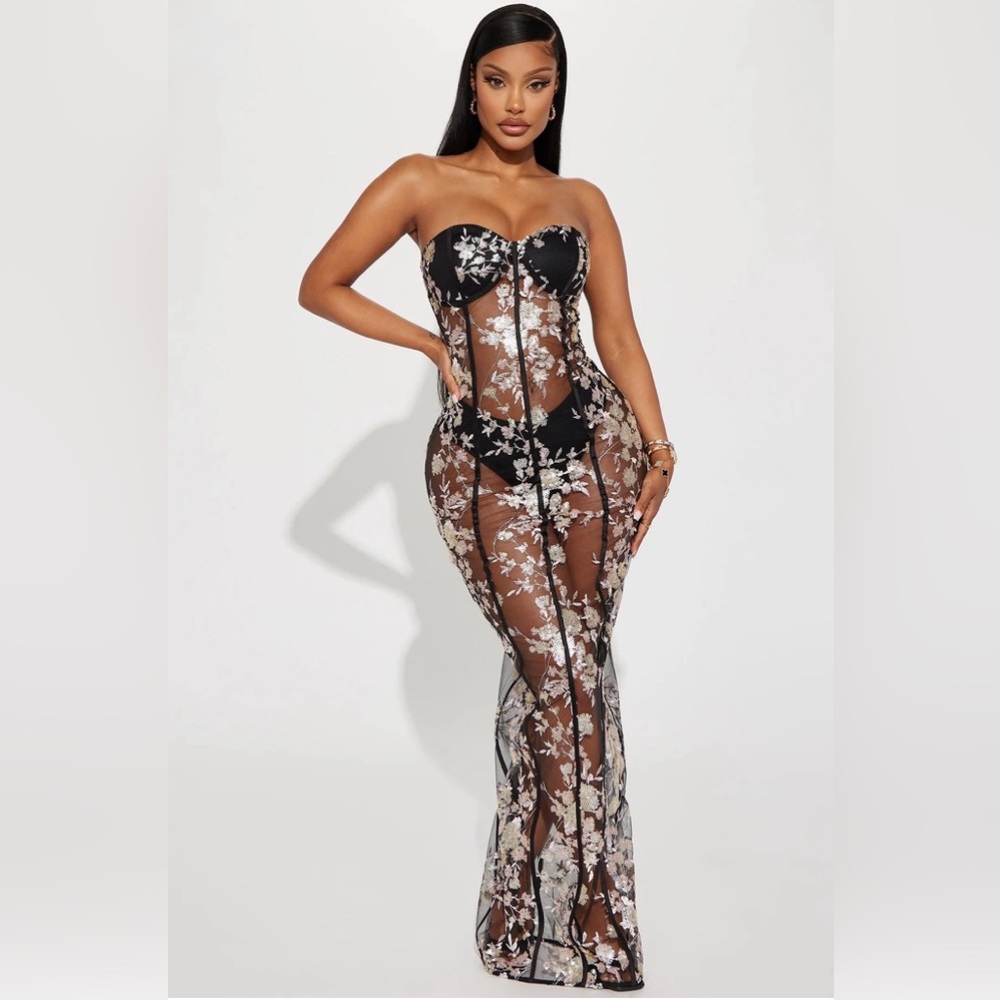 Sheer Black Floral Embroidered Strapless Maxi Dress